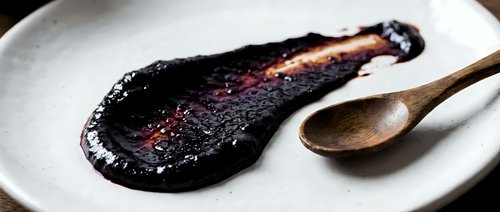 Balsamic vinegar reduction with wooden spoon on white plate for culinary, cooking, and food styling applications.