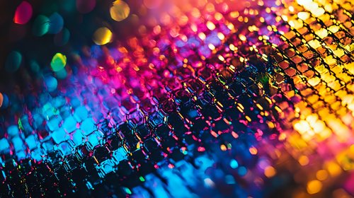Vibrant rainbow light refraction on metallic surface creates abstract bokeh pattern with colorful circles and hexagonal grid texture in macro photography.
