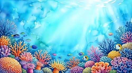 Vibrant underwater coral reef scene with colorful marine life, tropical fish, and sunlight rays filtering through crystal clear ocean water.