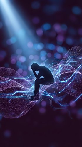 Silhouette of male professional sitting in contemplative pose surrounded by glowing digital network waves and circuit patterns, representing stress, data analysis, cybersecurity challenges, and technology solutions.