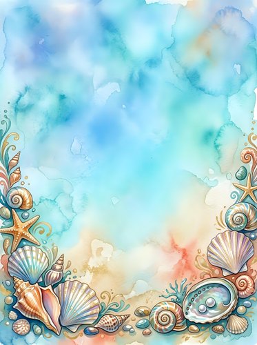 Watercolor ocean frame with seashells, starfish and marine elements on blue aqua background for summer designs, invitations and coastal themed projects.