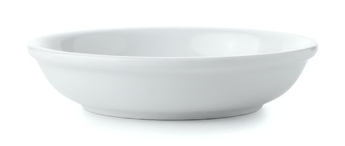 White ceramic shallow bowl isolated on white background, clean minimalist kitchenware for food styling, restaurant menus, and culinary design projects.