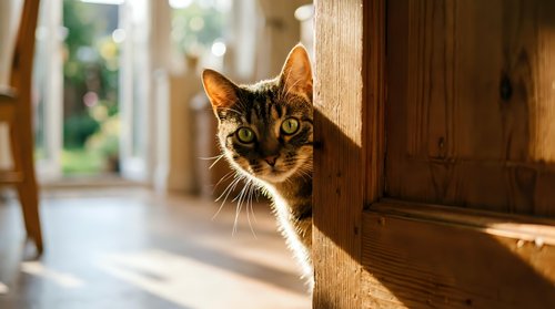 Curious tabby cat peeking around a wooden door inside a sunlit home, with bright green eyes and striped fur in warm natural light.