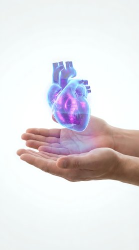 Holographic human heart floating above cupped hands on white background for medical technology and healthcare innovation concepts.