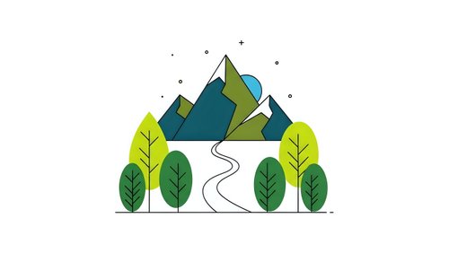 Mountain landscape with winding path through green forest trees on white background. Nature scene for outdoor adventure and travel designs.