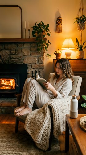 Young Caucasian woman reading book in cozy armchair by stone fireplace with warm lighting, plants and knitted blanket creating hygge atmosphere at home.