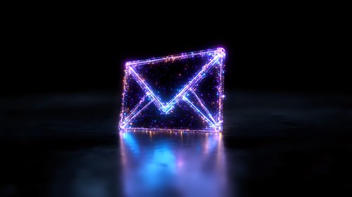 Glowing neon envelope symbol with electric lightning effect on dark background with blue reflection, digital communication concept for email marketing.