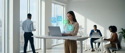 Woman with long dark hair, South Asian ethnicity, wearing casual business attire, working at standing desk with laptop in modern office environment with social media icons displayed, colleagues collaborating in background.