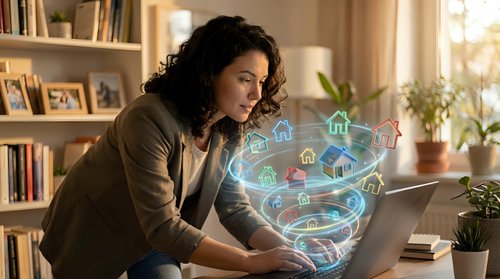 Professional Hispanic woman working on laptop with holographic smart home technology interface in modern home office environment.