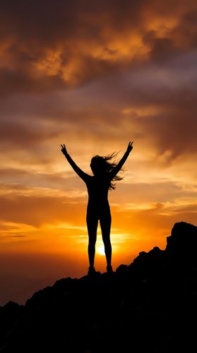 Woman silhouette with raised arms celebrating freedom on mountain peak against dramatic orange sunset sky with flowing hair and victory pose.