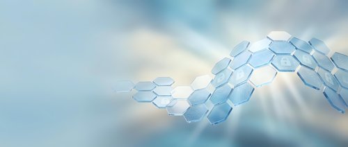 Abstract hexagonal molecular structure with flowing blue and white gradient background for science technology and innovation concepts.