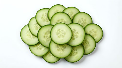 Fresh cucumber slices arranged in circular pattern on white background, healthy vegetable ingredient for salads, cooking and spa treatments.