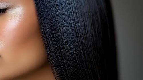 Close up portrait showing glossy straight black hair and glowing skin texture with soft focus effect, highlighting natural beauty and haircare concept.
