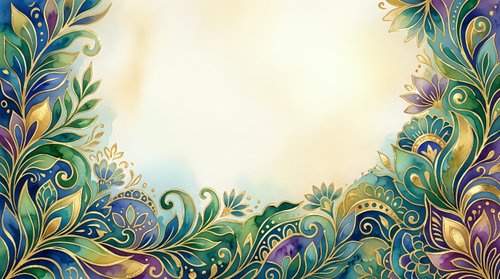 Ornamental floral frame with peacock feathers and decorative botanical elements in vibrant blues, greens, and golds on cream background, ideal for invitations and design projects.