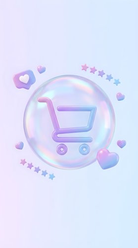 Holographic shopping cart icon in translucent bubble with gradient hearts and stars on pastel background for e-commerce and retail design.