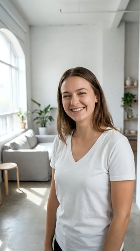 Happy young Caucasian woman in white t-shirt smiling at camera in bright modern living room with natural light and plants for lifestyle content.