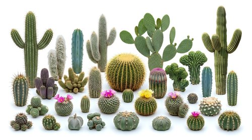 Desert cactus collection with various succulent plants including saguaro, barrel, prickly pear and small potted cacti isolated on white background for design.