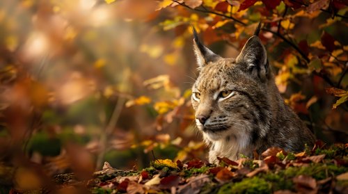 Wild lynx resting among colorful autumn leaves in forest habitat with warm golden sunlight filtering through trees creating natural wildlife scene.