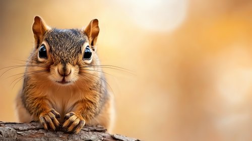 Curious red squirrel looking directly at camera with alert expression and perked ears against warm autumn bokeh background, close-up wildlife portrait.