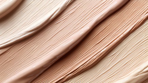 Smooth liquid foundation makeup texture with creamy beige tone flowing in elegant waves, showcasing cosmetic product consistency for beauty and skincare applications.