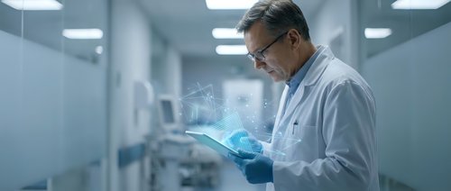 Middle-aged Caucasian male scientist in white lab coat and safety glasses examining tablet computer in modern sterile laboratory environment for research work.