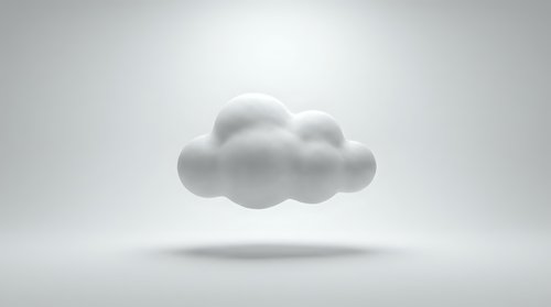 White fluffy cloud floating against gray gradient background with soft shadow, minimalist design for weather apps, presentations and digital projects.
