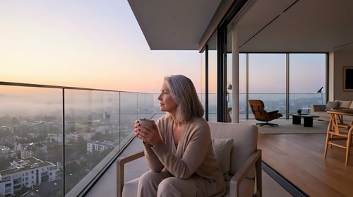 Young blonde woman enjoying morning coffee on luxury apartment balcony with panoramic city skyline view at sunrise, modern urban lifestyle relaxation.