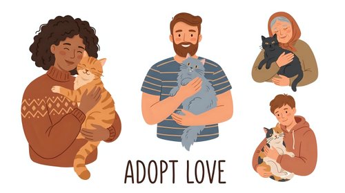 Happy diverse people holding and cuddling adorable cats and kittens, showing pet adoption love and care concept for animal shelter campaigns.