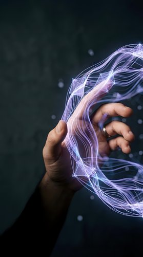 Human hands with glowing purple energy streams flowing between palms against dark background for technology and innovation concepts.