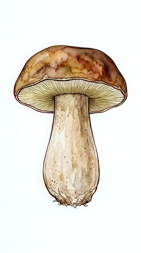 Hand-drawn watercolor mushroom with brown cap and cream stem isolated on white background, suitable for botanical illustrations, educational materials, and design projects.