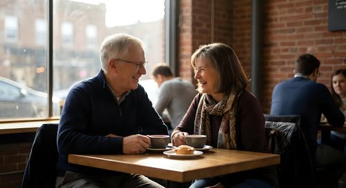Senior Caucasian man and middle-aged woman enjoying coffee conversation at cafe table by brick wall window, warm natural lighting creates cozy atmosphere.
