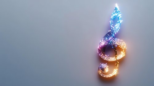 Glowing treble clef musical symbol with sparkling blue, pink and golden light effects on gray background, magical music concept for design projects.