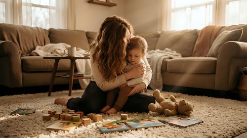 Young mother with long wavy hair embracing toddler son while sitting on living room floor surrounded by wooden toy blocks during playtime at home.