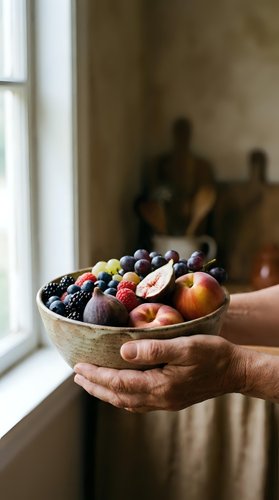 Hands holding wooden bowl filled with fresh mixed fruits including peaches, figs, grapes and berries by kitchen window for healthy eating and nutrition.