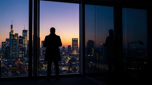 Silhouettes of two businesspeople standing at floor-to-ceiling windows overlooking illuminated city skyline at dusk, suitable for corporate and business concepts.
