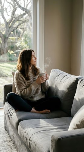 Young woman relaxing on couch with hot coffee mug looking out window in cozy living room with natural light and peaceful morning atmosphere.