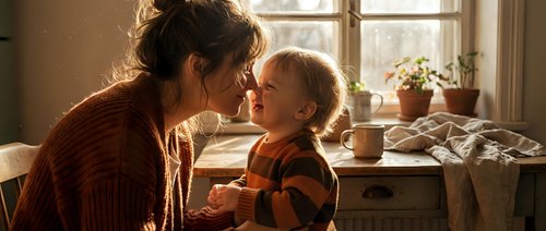 Young Caucasian mother in cozy sweater sharing tender nose-to-nose moment with smiling toddler in warm sunlit kitchen interior.