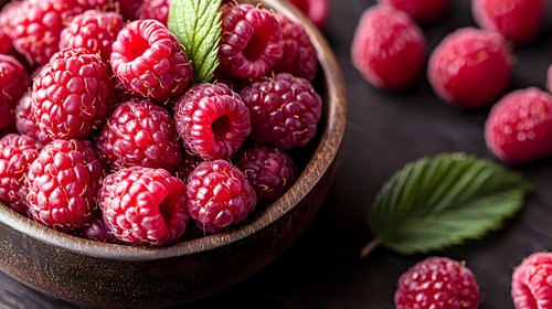 Fresh ripe raspberries in rustic wooden bowl with green leaves on dark background, selective focus. Natural organic berries for healthy eating.