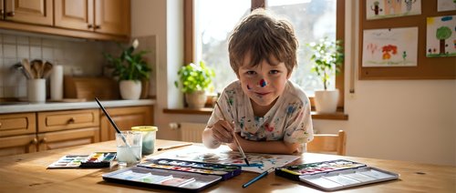 Young Caucasian boy painting with watercolors at wooden kitchen table, creative art activity at home with natural lighting and cozy domestic atmosphere.