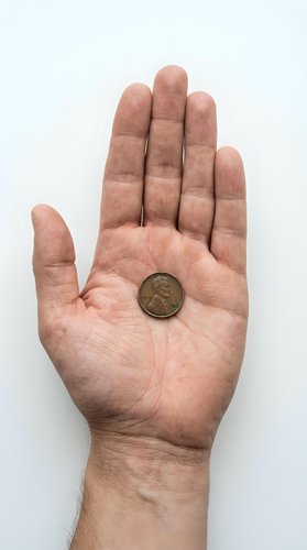Male hand holding penny coin on white background isolated for financial concepts and currency comparison designs.