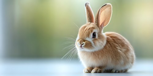Adorable brown and white dwarf rabbit with long ears sitting on light surface against soft blurred background. Pet photography for greeting cards and animal care materials.