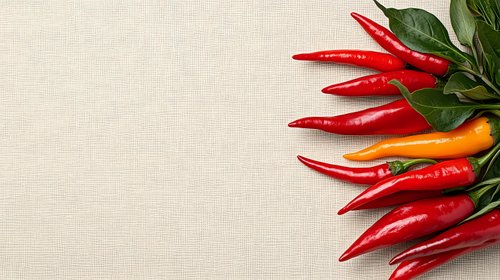 Fresh red and orange chili peppers with green leaves arranged on light beige linen textile background with copy space for text. Food photography layout.