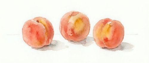 Watercolor painting of three ripe peaches with soft pink and orange hues on white background, perfect for kitchen decor and food illustration projects.