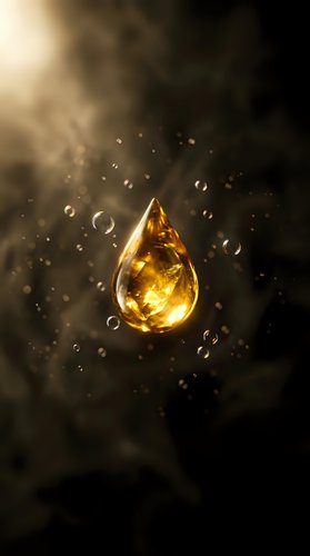 Golden oil drop with bubbles floating in dark atmospheric background with warm light rays for luxury cosmetics and skincare product advertising.