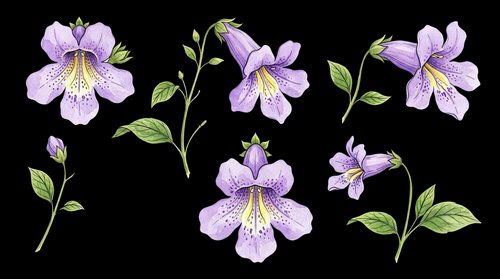 Delicate purple flowers with yellow centers and green stems isolated on transparent background. Ready for t-shirt designs, clipart, stickers, sublimation, and print-on-demand projects.
