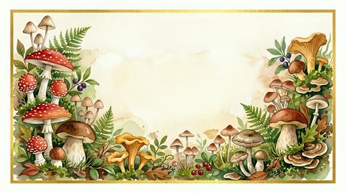 Watercolor forest mushroom frame with ferns and foliage on cream background. Natural botanical border for autumn designs and seasonal projects.