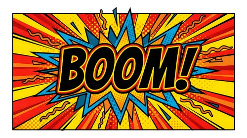 Comic book explosion with BOOM text in bold letters surrounded by colorful burst rays and lightning bolts on vibrant background for pop art designs.