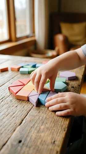 Child hands playing with colorful wooden blocks on rustic table in warm home interior for educational development and creative learning activities.