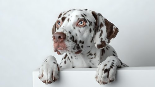Adorable Dalmatian puppy with brown spots and blue eyes peeking over white surface on clean background for pet care and animal lover designs.