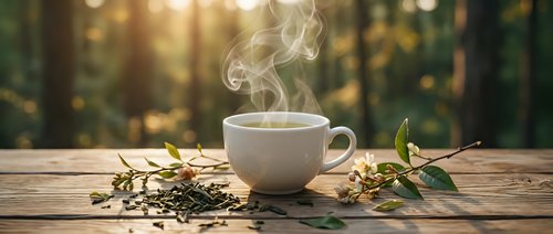 Steaming white coffee cup on rustic wooden table with scattered beans and autumn leaves, warm golden sunlight filtering through blurred forest background.